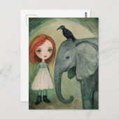 Meisje en olifant en vogel briefkaart (Voorkant / Achterkant)