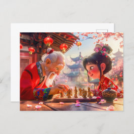 Meisje en opa spelen modern schaken feestdagenkaart