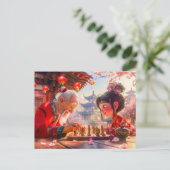 Meisje en opa spelen modern schaken feestdagenkaart (Staand voorkant)