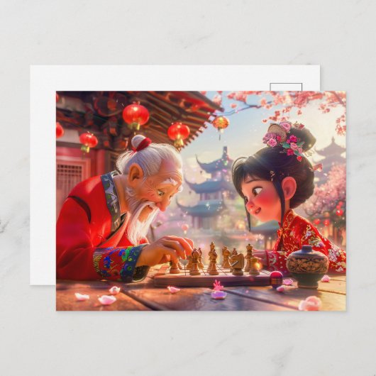 Meisje en opa spelen modern schaken feestdagenkaart (Voorkant / Achterkant)