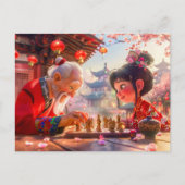 Meisje en opa spelen modern schaken feestdagenkaart (Voorkant)
