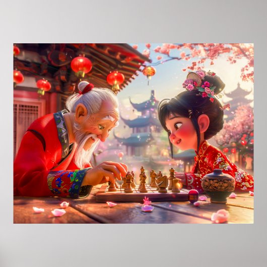 Meisje en opa spelen modern schaken poster (Voorkant)