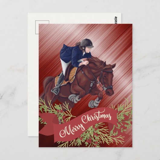 Meisje en paard Jumping Merry-kerstrood Briefkaart (Voorkant / Achterkant)