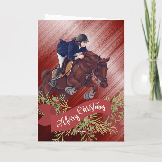 Meisje en paard Jumping Merry-kerstrood Feestdagen Kaart (Achterkant)
