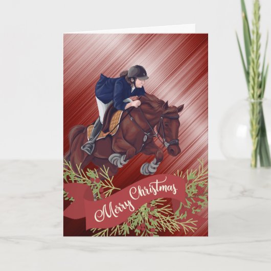 Meisje en paard Jumping Merry-kerstrood Feestdagen Kaart (Voorkant)