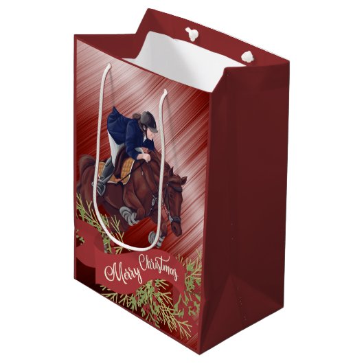 Meisje en paard Jumping Merry-kerstrood Medium Cadeauzakje (Voorkant Gekanteld)