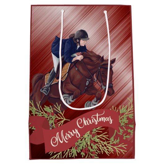 Meisje en paard Jumping Merry-kerstrood Medium Cadeauzakje (Achterkant)