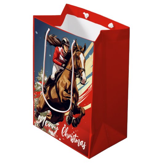 Meisje en Paard Springen Vrolijk Kerstfeest Medium Cadeauzakje (Voorkant Gekanteld)