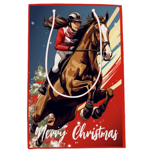 Meisje en Paard Springen Vrolijk Kerstfeest Medium Cadeauzakje (Voorkant)