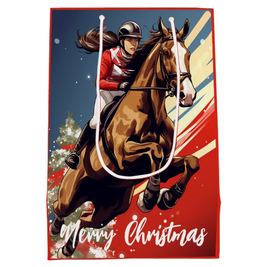 Meisje en Paard Springen Vrolijk Kerstfeest Medium Cadeauzakje (Achterkant)