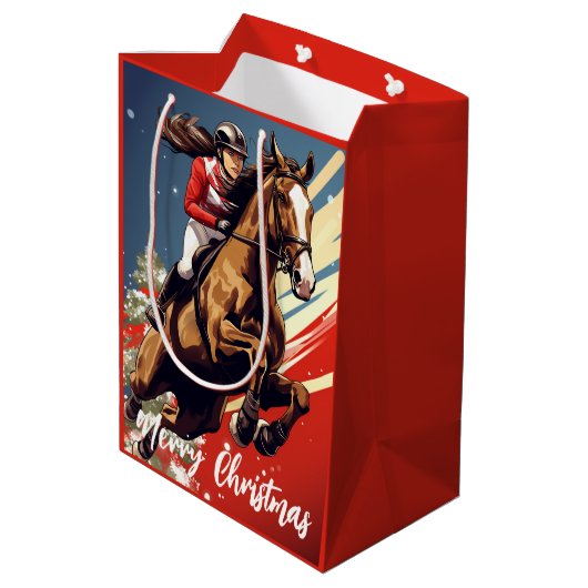 Meisje en Paard Springen Vrolijk Kerstfeest Medium Cadeauzakje (Achterkant Gekanteld)