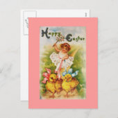  meisje en paaskuikens feestdagenkaart (Voorkant / Achterkant)