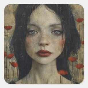 Meisje en papavers rustieke grunge vierkante sticker
