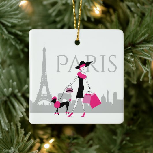 Meisje en poodle in Paris Eiffeltoren kerst Keramisch Ornament (Boom)