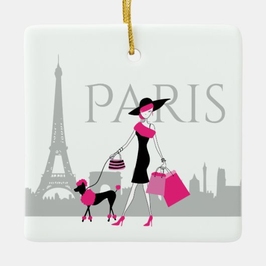 Meisje en poodle in Paris Eiffeltoren kerst Keramisch Ornament (Voorkant)