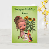 Meisje en Puppies gepersonaliseerde verjaardag Kaart (Gele Bloem)