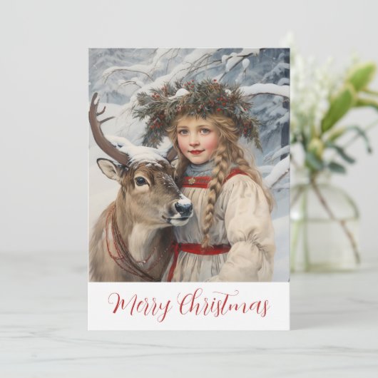  meisje en rendier kerst Kaart (Staand voorkant)