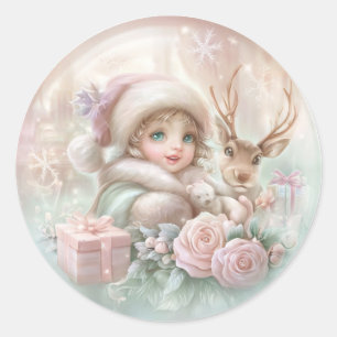 Meisje en Rendier Ronde Sticker