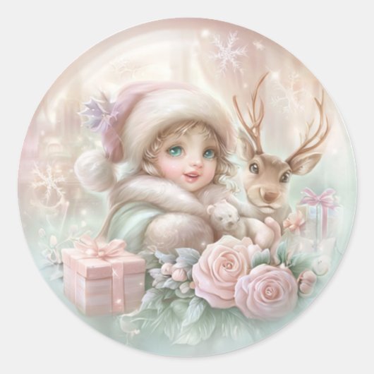 Meisje en Rendier Ronde Sticker (Voorkant)