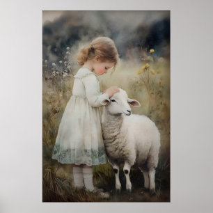Meisje en schaap print, antieke herderin lam poster