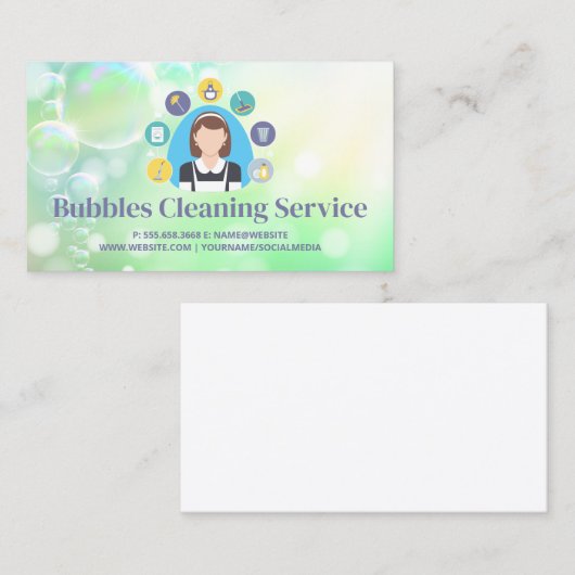 Meisje en schoonmaakmiddelen Pictogrammen | Zeepbe Visitekaartje (Voorkant / Achterkant)