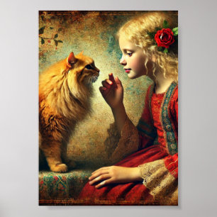 Meisje en Sinaasappel Tabby Cat Wall Art, Antiek Poster
