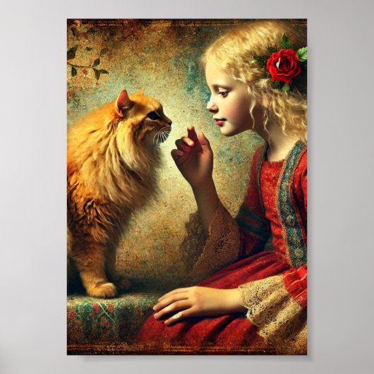 Meisje en Sinaasappel Tabby Cat Wall Art, Antiek Poster (Voorkant)