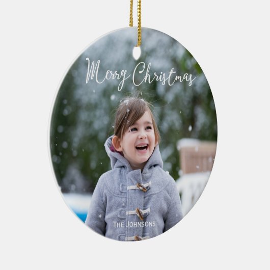 Meisje en sneeuw foto vrolijk kerstboom ornament (Rechts)