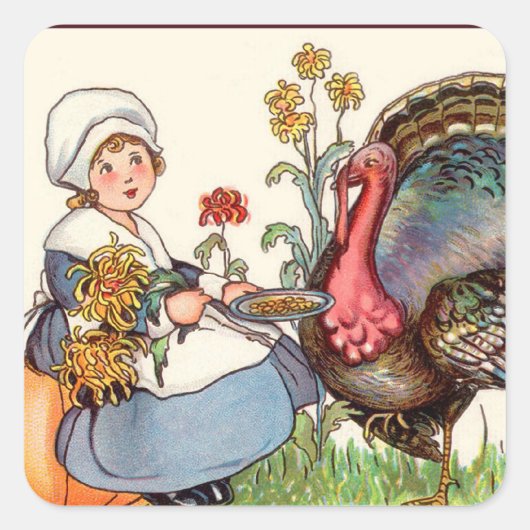 meisje en turkije ,  Thanksgiving Vierkante Sticker (Voorkant)