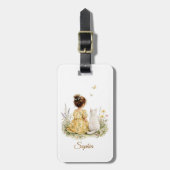 Meisje en witte kat bagagelabel (Voorkant verticaal)