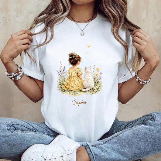 Meisje en witte kat t-shirt