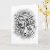 Meisje en Witte Tijger Sterkte Wenskaart Kaart (Gele Bloem)