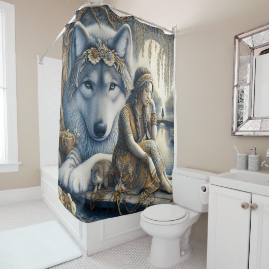 Meisje en wolf delen een moment douchegordijn (In situ)