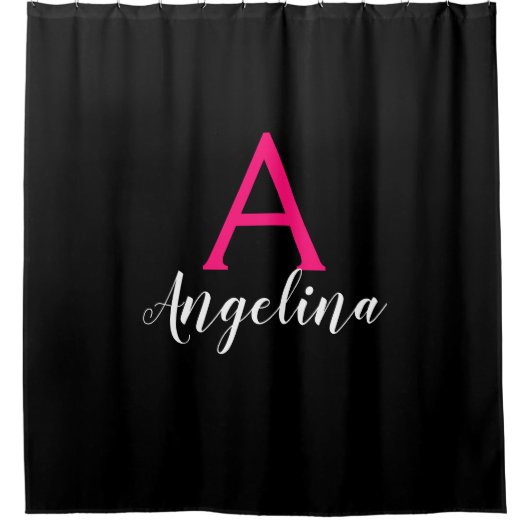 Meisje en zwart, wit, warm roze monogram naam douchegordijn (Voorkant)