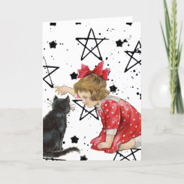  meisje en zwarte kat Halloween Feestdagen Kaart