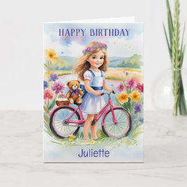 Meisje Fiets Bloemen Teddy Mooie Verjaardag Kaart