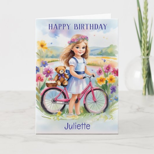 Meisje Fietsbloemen Teddy  Happy Birthday Kaart (Voorkant)