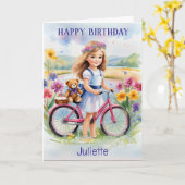 Meisje Fietsbloemen Teddy  Happy Birthday Kaart (Gele Bloem)