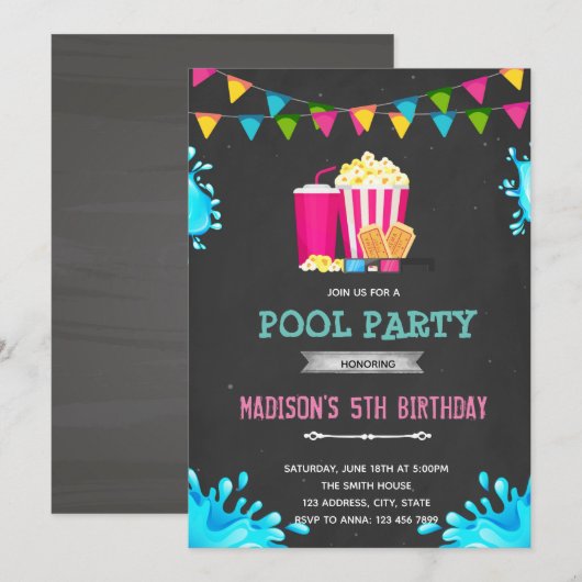 Meisje film zwembad feest uitnodiging (Voorkant / Achterkant)