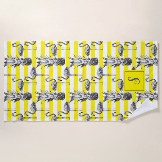 Meisje Flamingo Ananas Geel Wit Monogrammed Strandlaken (Voorkant)