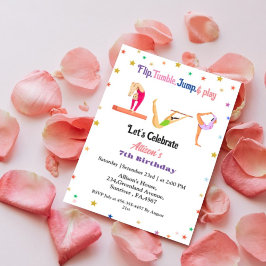 Meisje flip tuimelsprong & spelen gymnastiek verja kaart