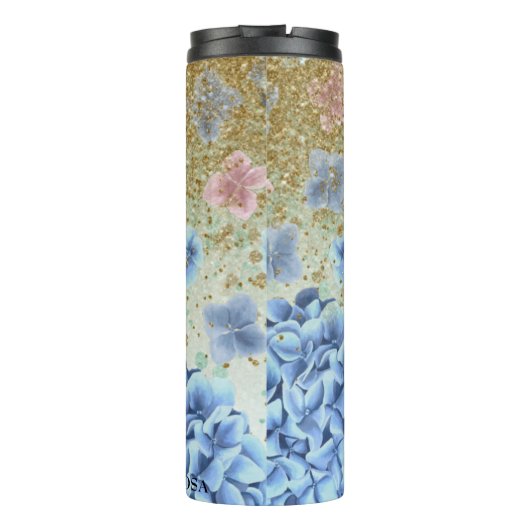 *~* Meisje Floral Blue Pink Hydrangea Glitter Thermosbeker (Achterkant)