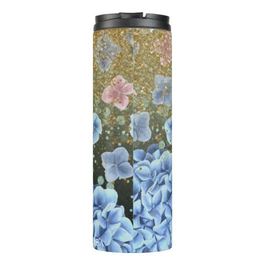 *~* Meisje Floral Pink Blue Hydrangea Glitter Thermosbeker (Achterkant)
