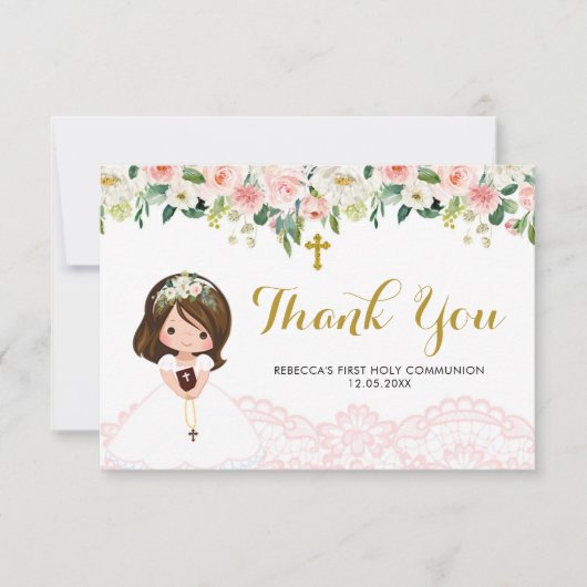 Meisje Floral Pink Eerste Communie Dank je wel Bedankkaart (Voorkant)