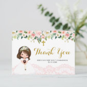 Meisje Floral Pink Eerste Communie Dank je wel Bedankkaart (Staand voorkant)