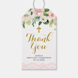 Meisje Floral roze Eerste Communie Dank je Label Cadeaulabel