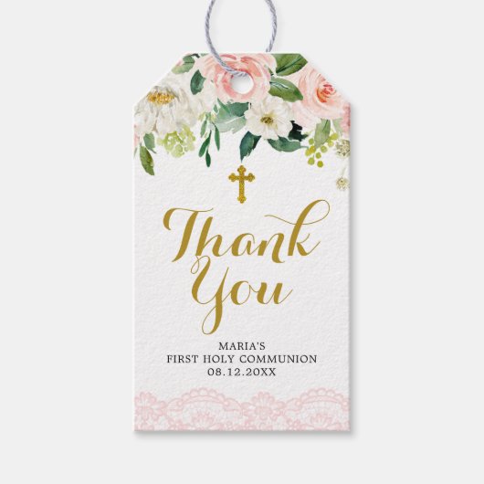 Meisje Floral roze Eerste Communie Dank je Label Cadeaulabel (Voorkant)