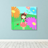 Meisje, Flowers en Ladybug Canvas Afdruk (Insitu (Houten vloer))