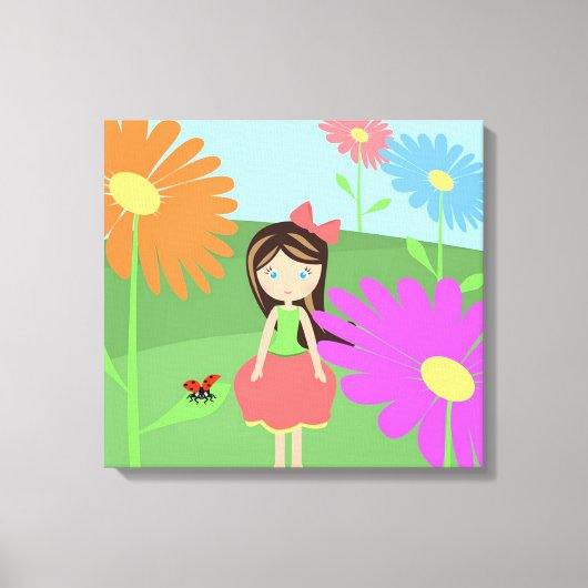 Meisje, Flowers en Ladybug Canvas Afdruk (Voorkant)