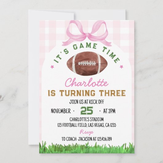 Meisje Football Verjaardag Roze Boog Uitnodiging E (Voorkant)